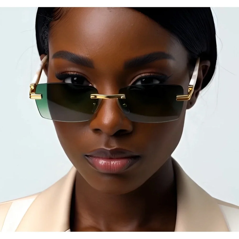 Rimless Rectangle Sunglasses Vintage Style Gold Frame Horn Rim Fashion Women New